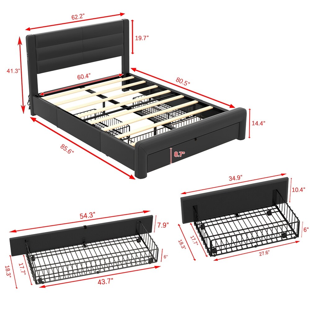 Queen Size Platform Bed Frame with Drawers Storage  Leather Upholstered Platform Bed Frame with Charging Station