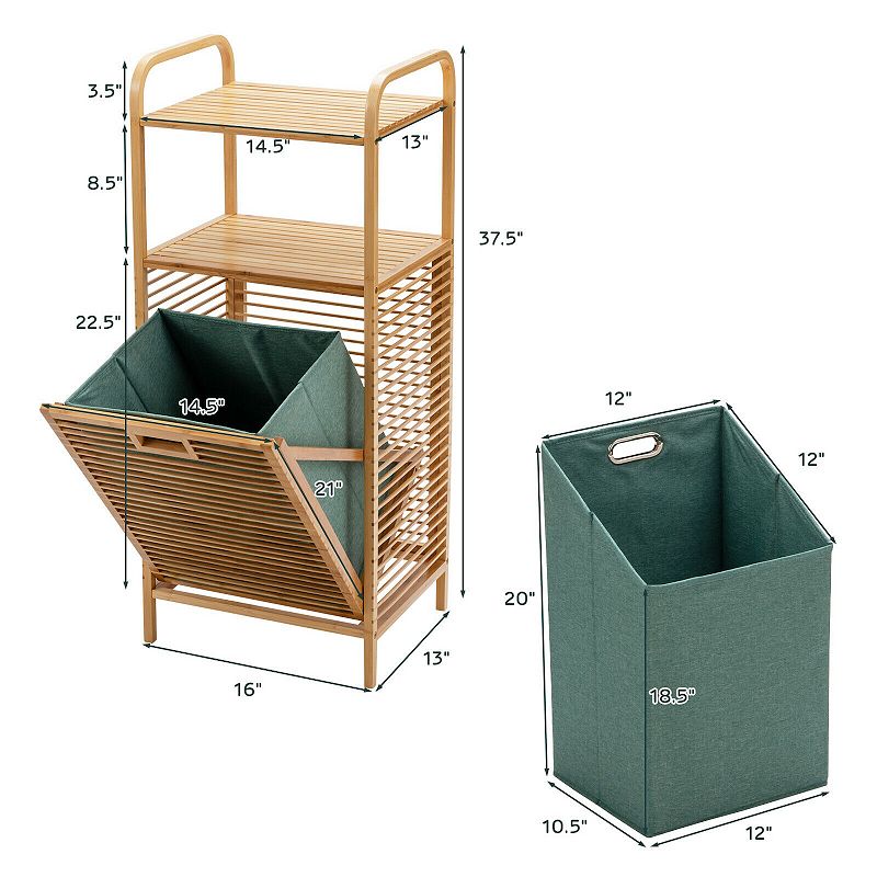 Tilt-out Wicker Laundry Hamper  with 2-Tier Shelf and Removable Liner-Natural