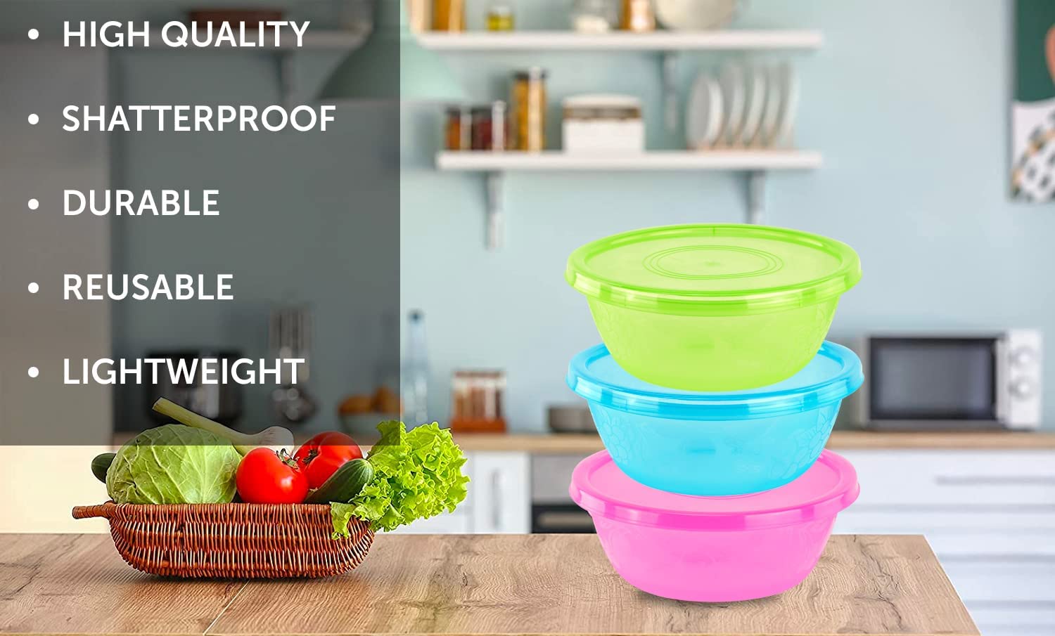 DecorRack 3 Serving Bowls with Lids， Extra Large Bowls， 3 Liter Capacity， Lime Green， Blue， and Pink