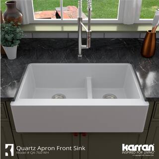 Karran QA-760 QuartzGranite 34 in. Double Bowl 6040 FarmhouseApron Front Kitchen Sink in White with Grid and Strainer QA-760-WH-PK1