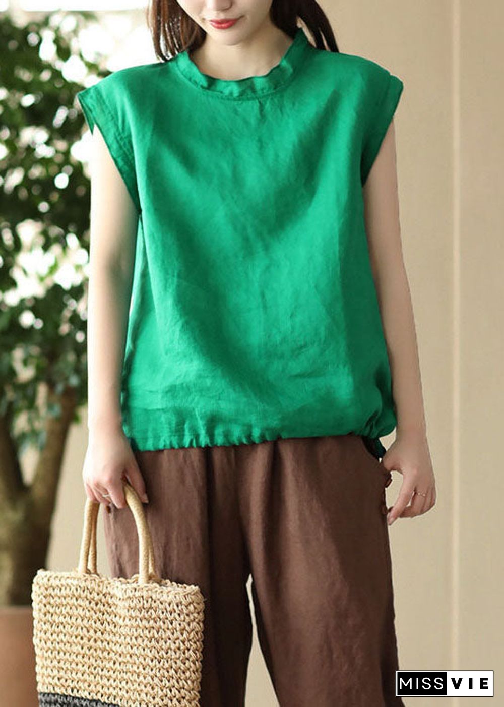 French Green O Neck Patchwork Linen T Shirt Tops Summer