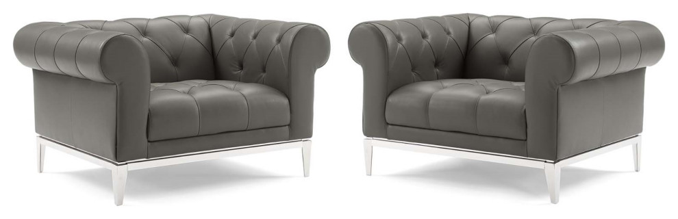 Idyll Tufted Upholstered Leather Armchair Set of 2 Gray   Contemporary   Armchairs And Accent Chairs   by VirVentures  Houzz