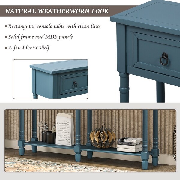 Console Table Sofa Table with Drawers and Long Shelf Rectangular Living Room Table Solid Wood Antique Navy