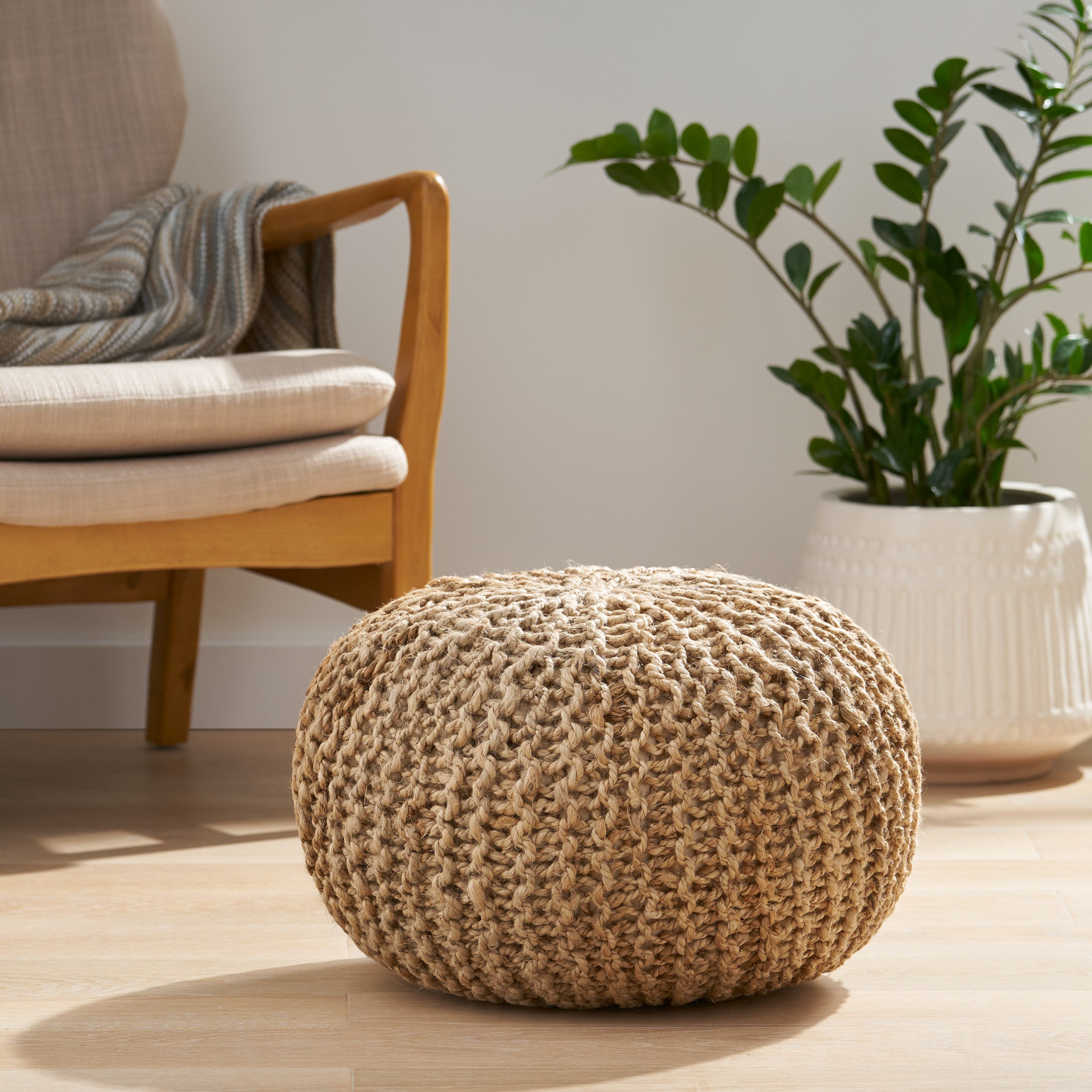 Brightridge Boho Handmade Jute Cable Knit Round Pouf