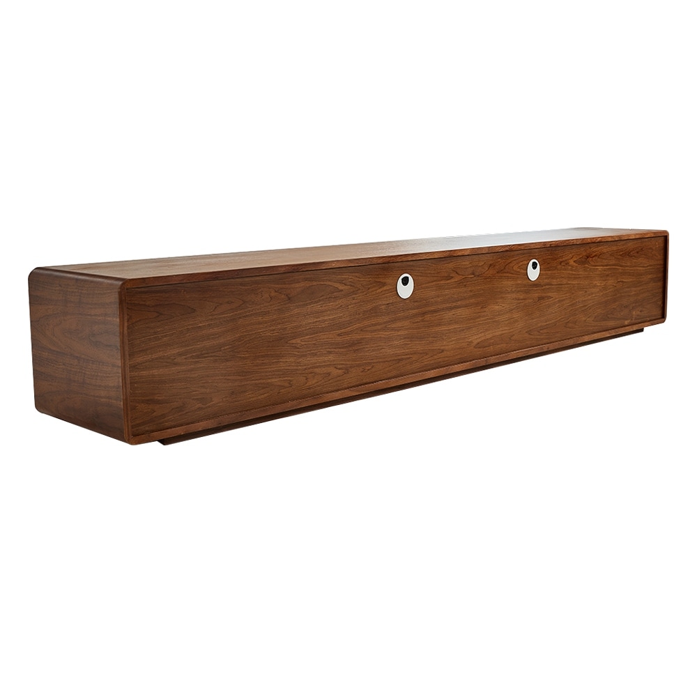 Modern Wood TV Stand  Lowline Media Console with 4 Drawers  Open Storage Cabinet  Walnut Veneer  Fully assembled