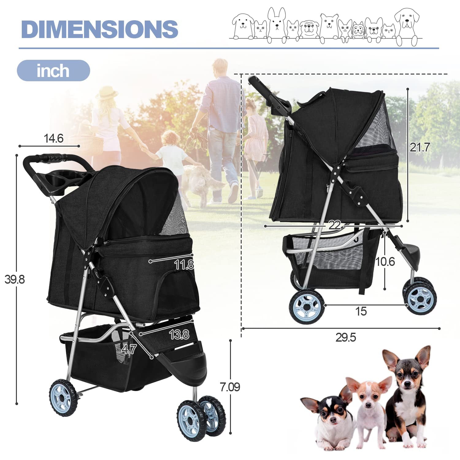 YRLLENSDAN Foldable Pet Stroller， Dog Stroller Small Dogs 3 Wheel Pet Carriers for Small Dogs with Wheels Cat Stroller w/Storage Basket for Medium Dogs