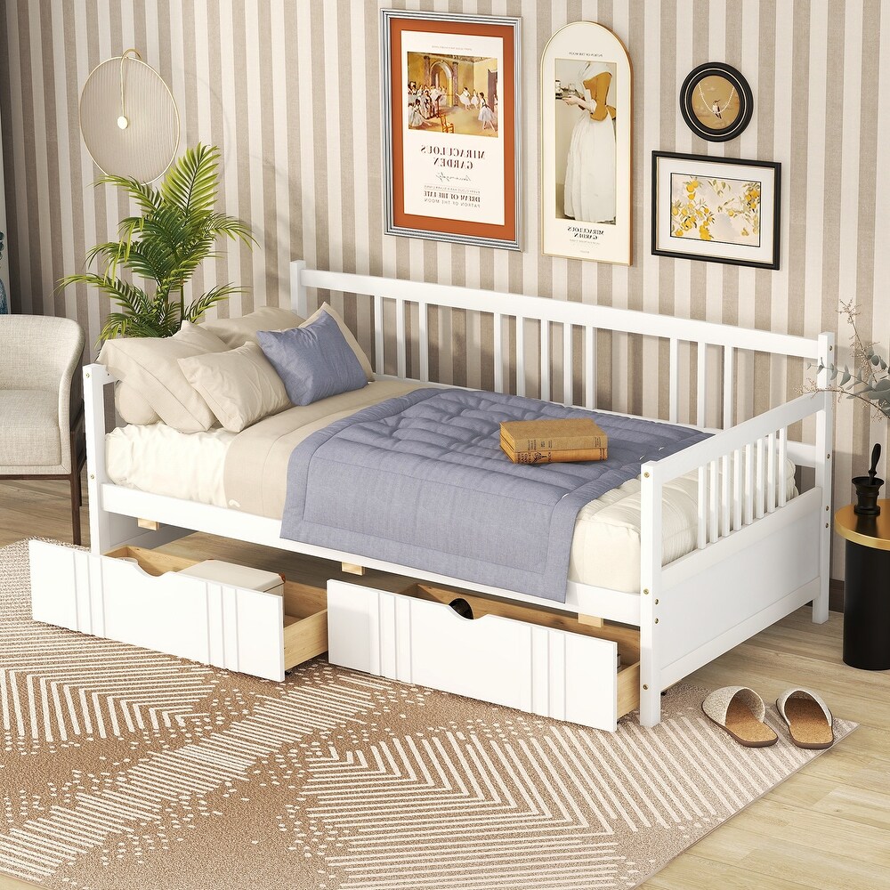 Twin Size Wood Daybed with 2 Storage Drawers and 3 Side Guardrail  Wood Kid's Bed with Wood Slats for Bedroom