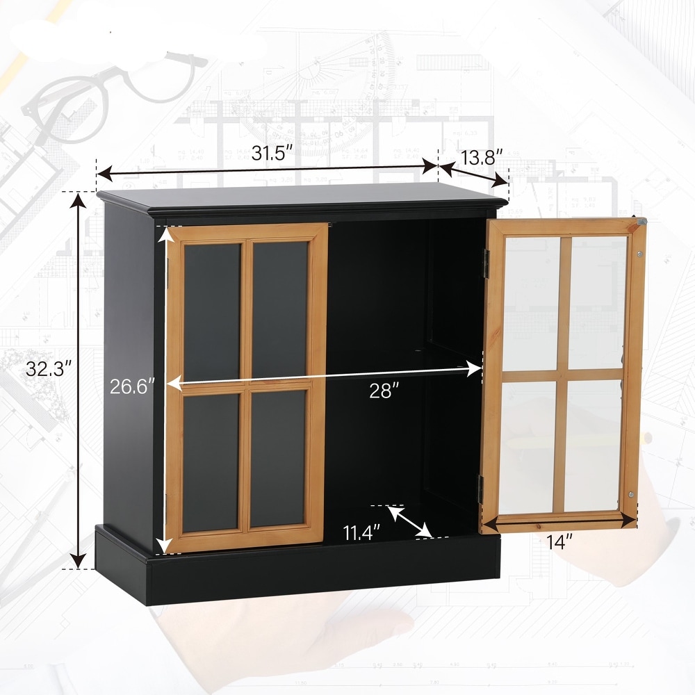 Sideboard Buffet Cabinet  Accent Wood Display Storage Cabinet with Glass Double Doors and Adjustable Shelves