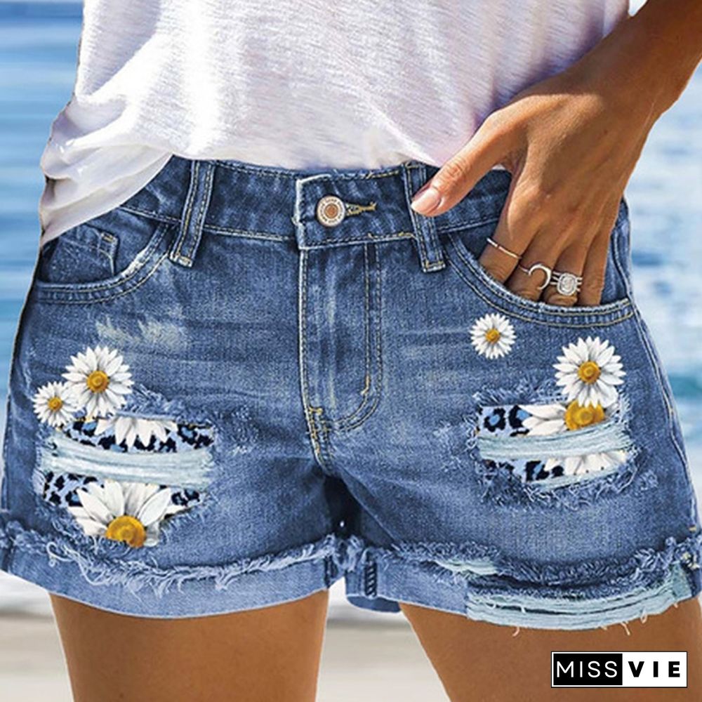 New Fashion Women Denim Shorts Print Patch Ripped Jeans Summer Casual Shorts for Women