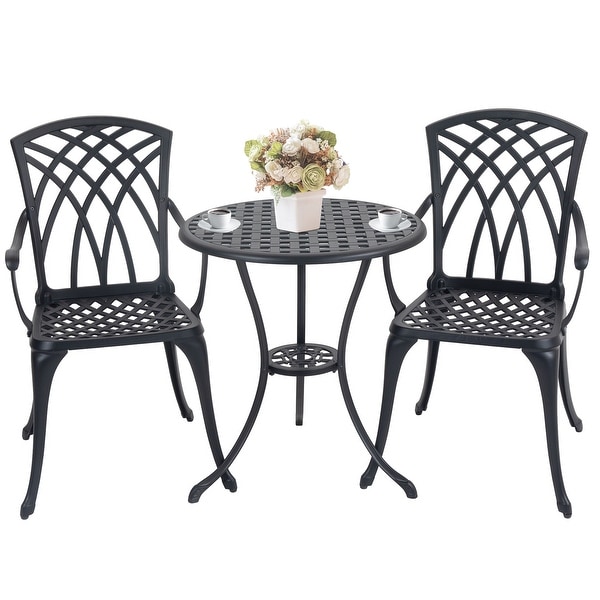 3 Piece Bistro Table Set Cast Aluminum Outdoor Patio Furniture with Umbrella Hole and Grey Cushions for Patio Balcony，Black