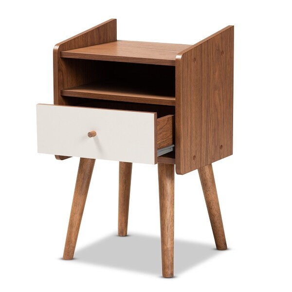 Mid-Century Modern Two-Tone White and Walnut Brown Finished Wood 1-Drawer Nightstand - - 37219092