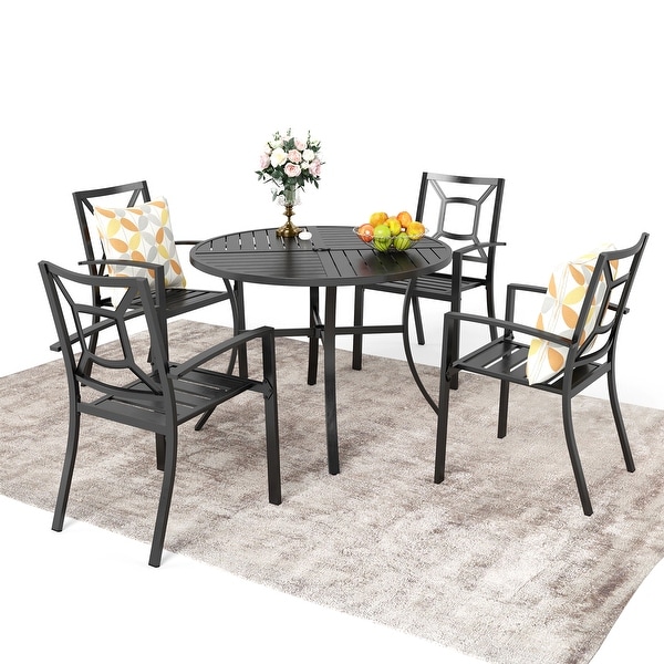 MAISON ARTS 5Piece Geometrically Stamped Round Table and Stackable Dining Chairs Outdoor Dining Set