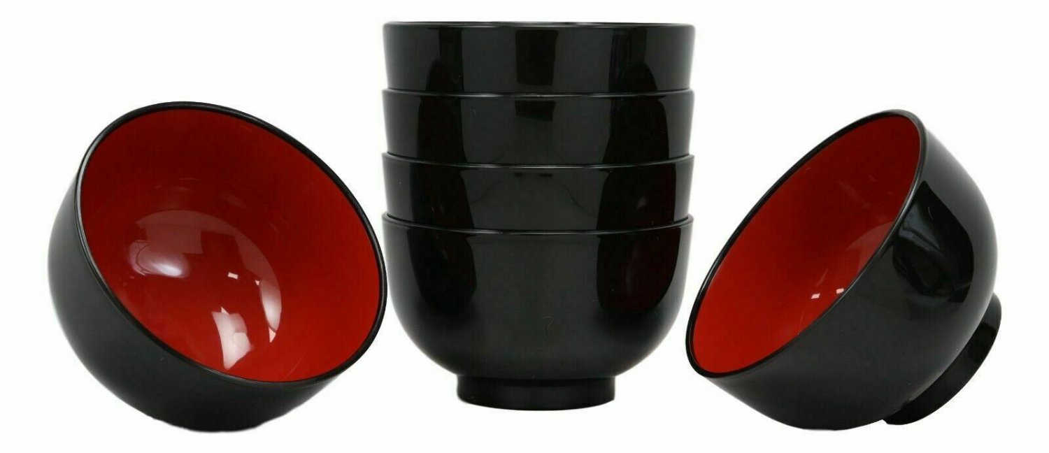 1 Japanese Black Red Lacquer Copolymer Plastic 5.5Dia Small Bowl 16oz Set of 6 EBR02