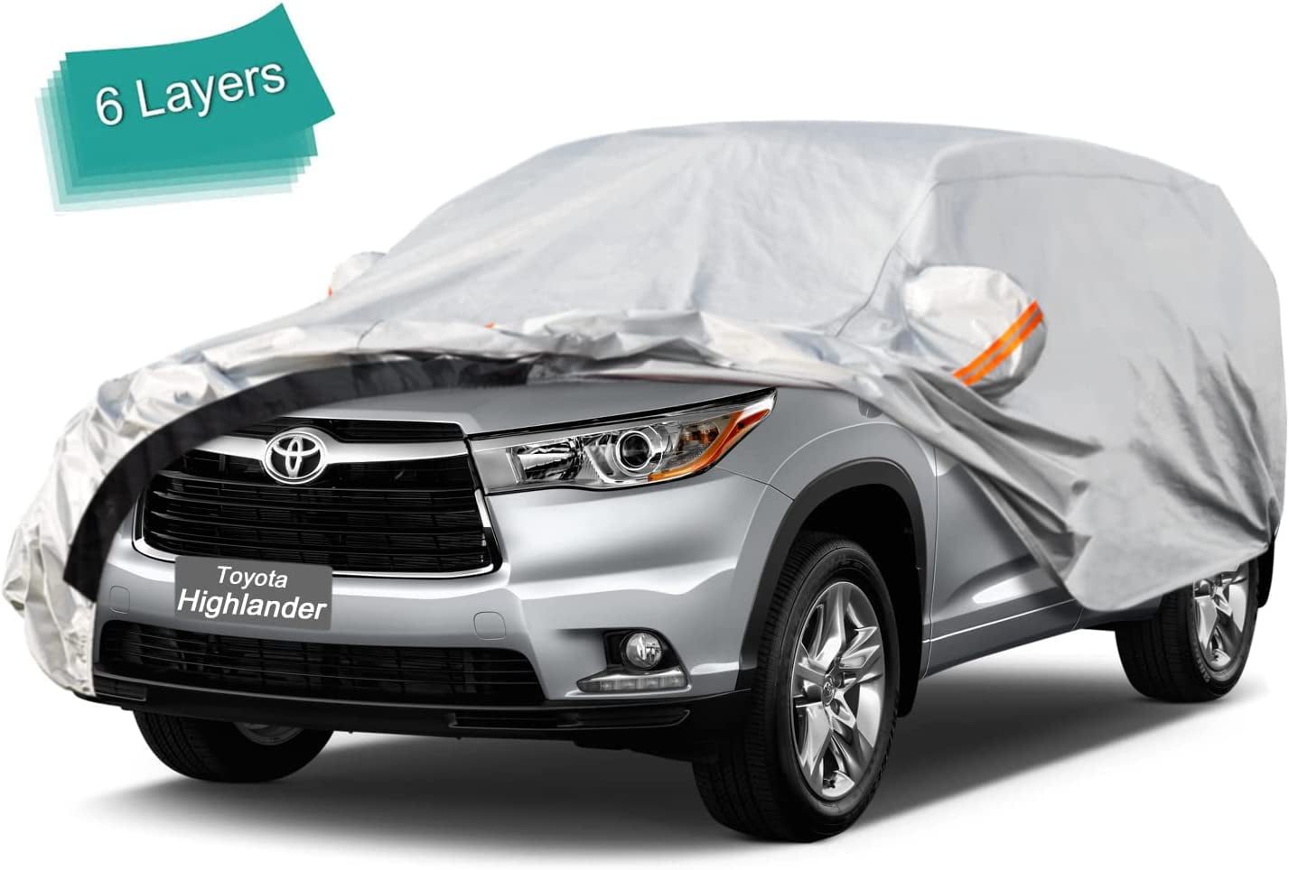 KouKou SUV Car Cover Custom Fit Toyota Highlander from 2007 to 2022， 6 Layer Heavy Duty Full Exterior Cover Waterproof All Weather， Silver