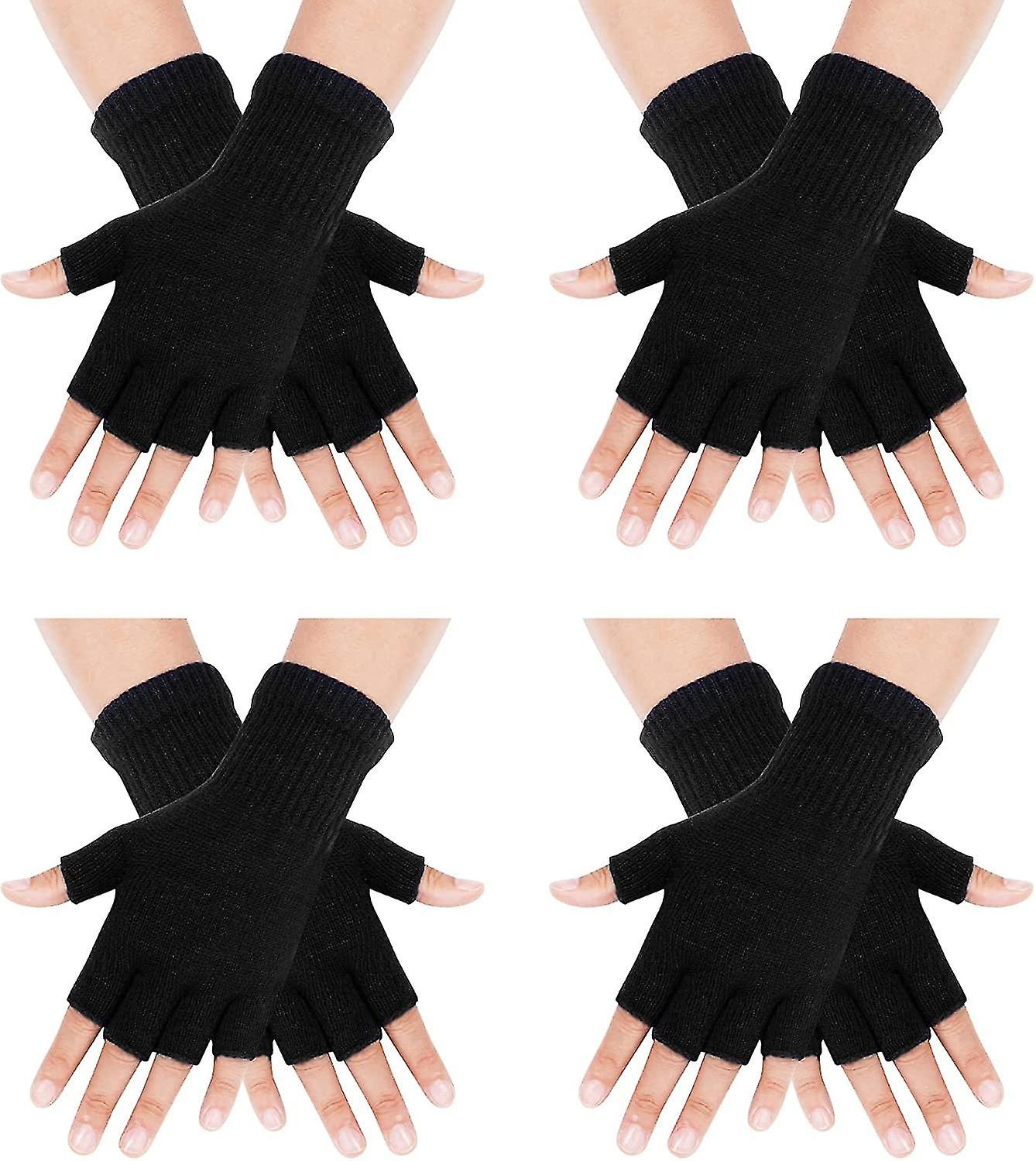 4 Pairs Black Fingerless Gloves For Women Men Unisex Half Finger Gloves Knit