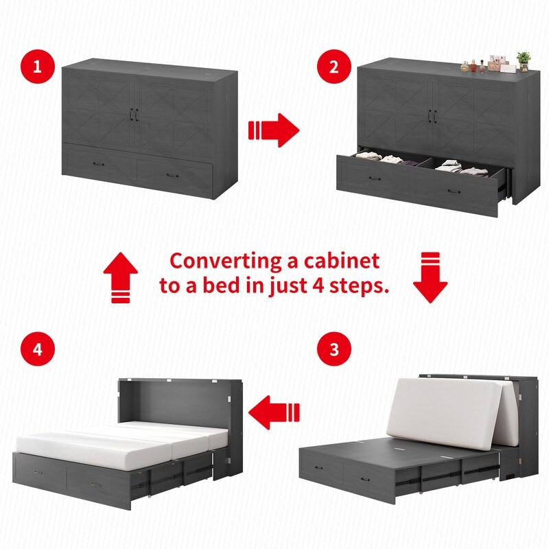 Mixoy Hidden Murphy Chest Bed with USB Ports Drawers Convertible Folding Horizontal Cabinet Bed with Mattress