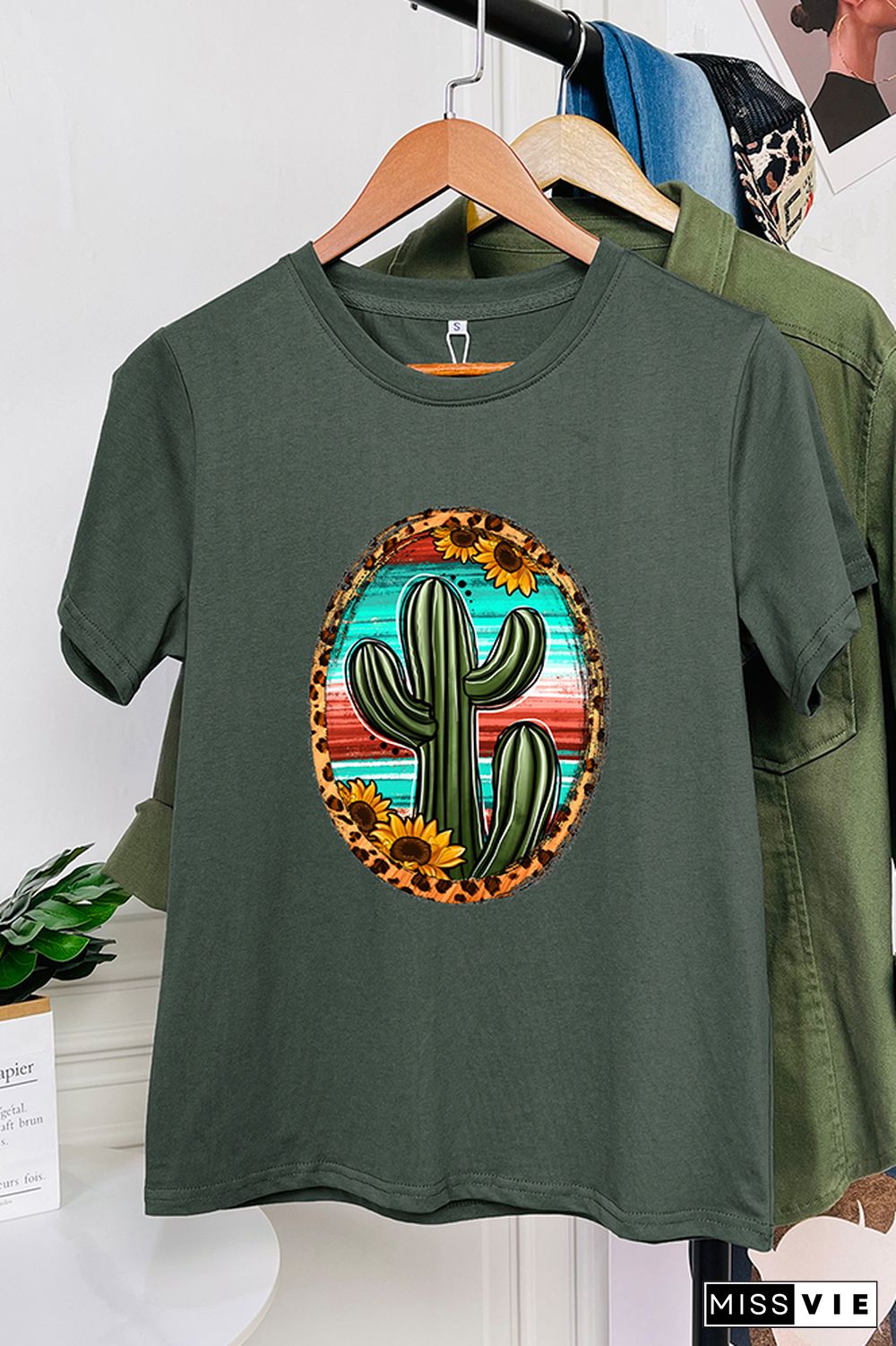 Serape And Sunflower Cactus Sleeve Graphic Tee Wholesale