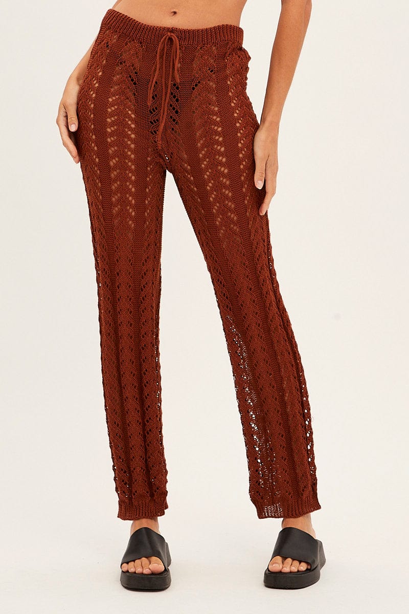 Brown Crochet Knit Pants Beachwear