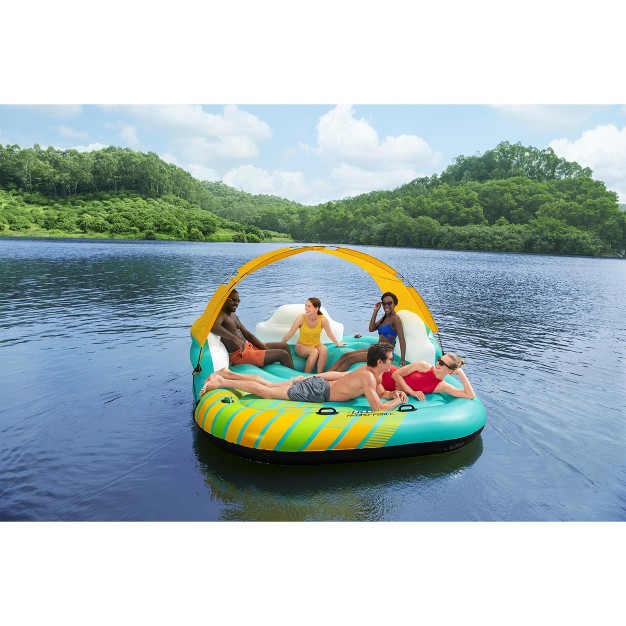 Bestway Hydro Force Sunny 5 Person Inflatable Large Floating Island Lake Water Lounge Raft With Cup Holders And Removable Sunshade Green