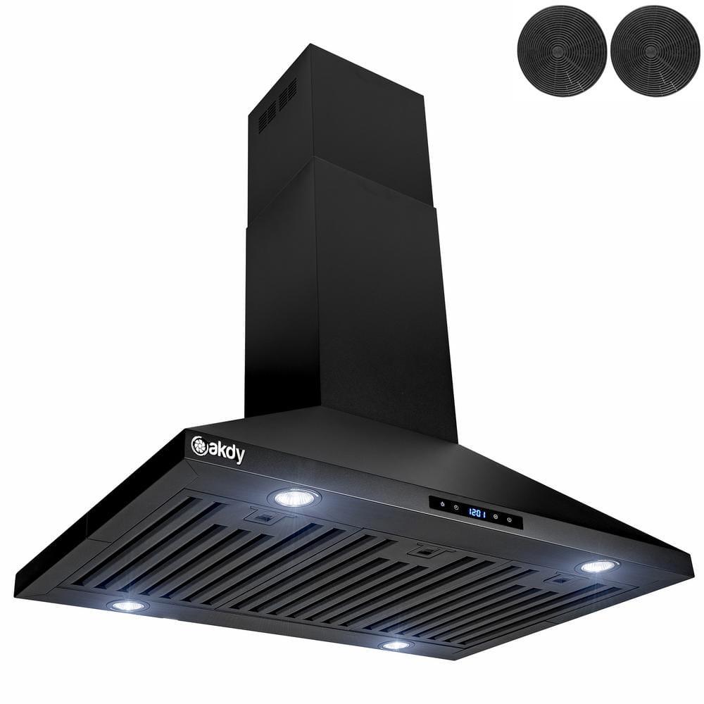 AKDY 36 in Convertible Island Mount Range Hood in Black Painted Stainless Steel with Touch Control and Carbon Filters