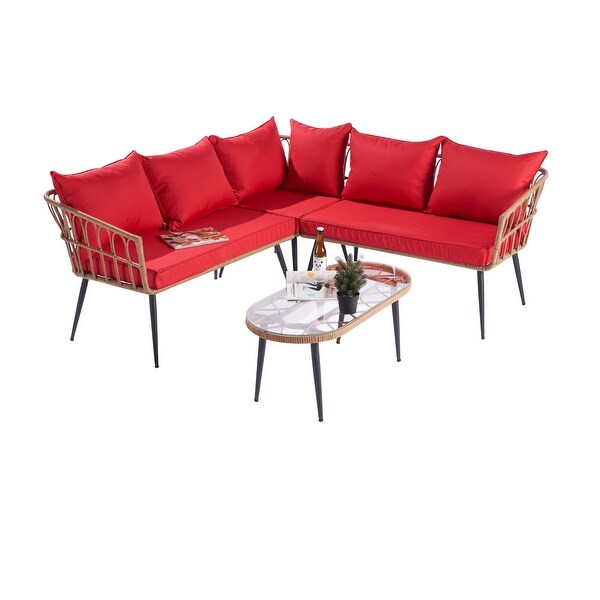 4 Pieces Patio Furniture Set， Outdoor Rattan Conversation Sectional L-Shaped Cushions Sofa with 5 Seater and Coffee Table - Overstock - 37928679