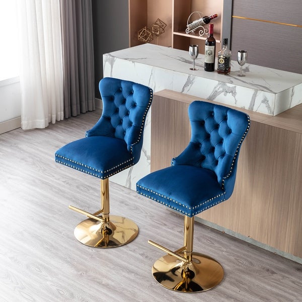 Modern Swivel Bar Stools Set of 2 Adjustable Counter Height with Velvet Upholstered Stool with High Back and Ring Pull