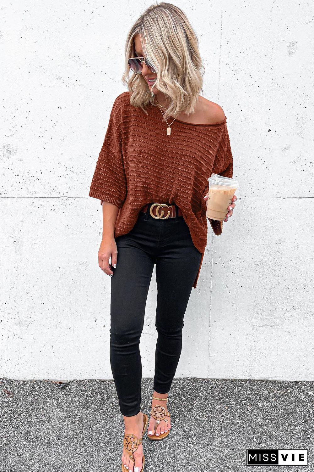 Brown Dotty Textured Knit Drop Shoulder Tee