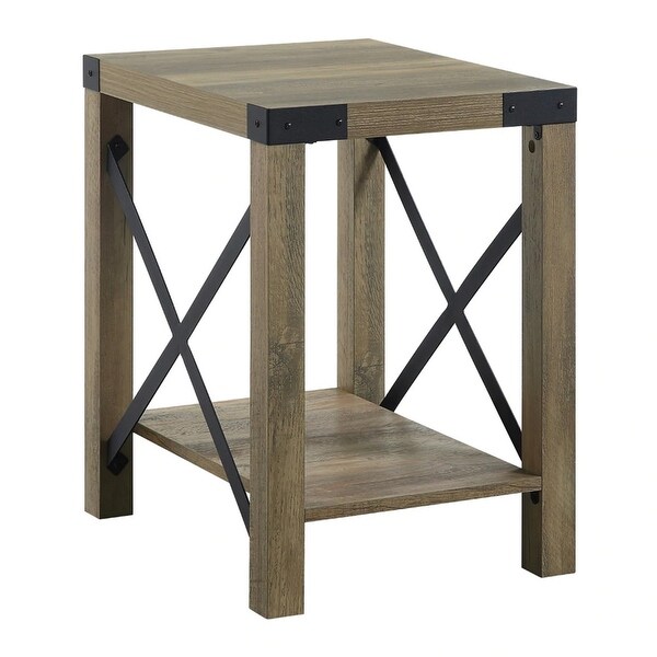 Eli 22 Inch Wood End Table， Metal Brackets， Cross Bars， Rustic Oak Brown