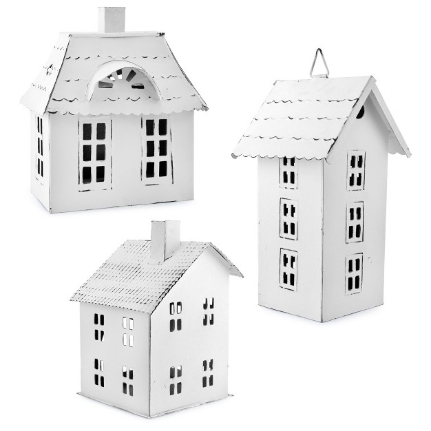 Auldhome Design farmhouse Decor Tin Village Houses White Set Of 3