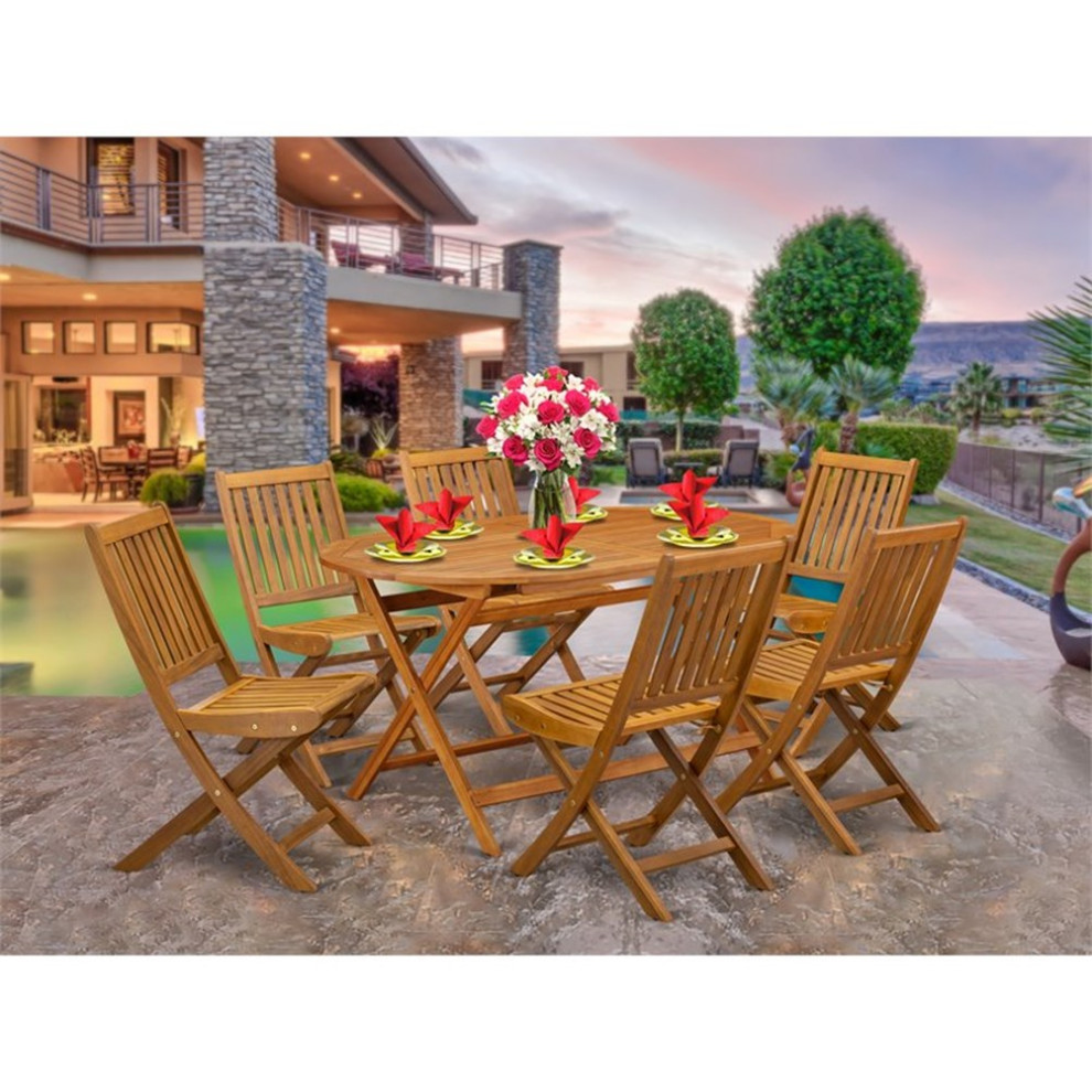 7 Piece Set  6 Chairs and Table and Round Top With Wood 4 Legs  Natural Finish   Transitional   Outdoor Dining Sets   by Homesquare  Houzz