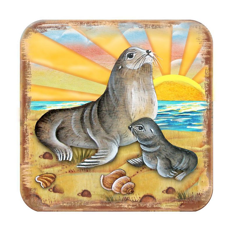 Sealion Coastal Wooden Cork Coasters Gift Set of 4 by Nature Wonders