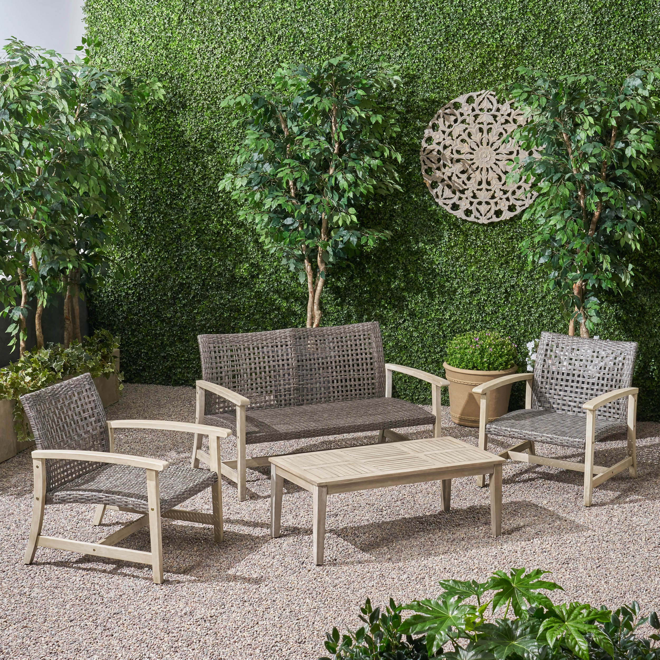 Spring Spender Outdoor 4 Piece Wood and Wicker Chat Set