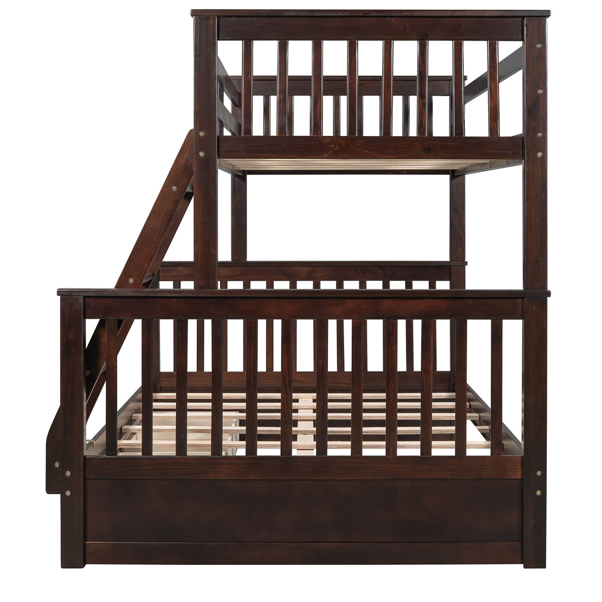 Twin Over Full Bunk Bed with Two Storage Drawers, Pine Wood Frame and Ladder with Guard Rails for Teens, Boys, Girls, Brown