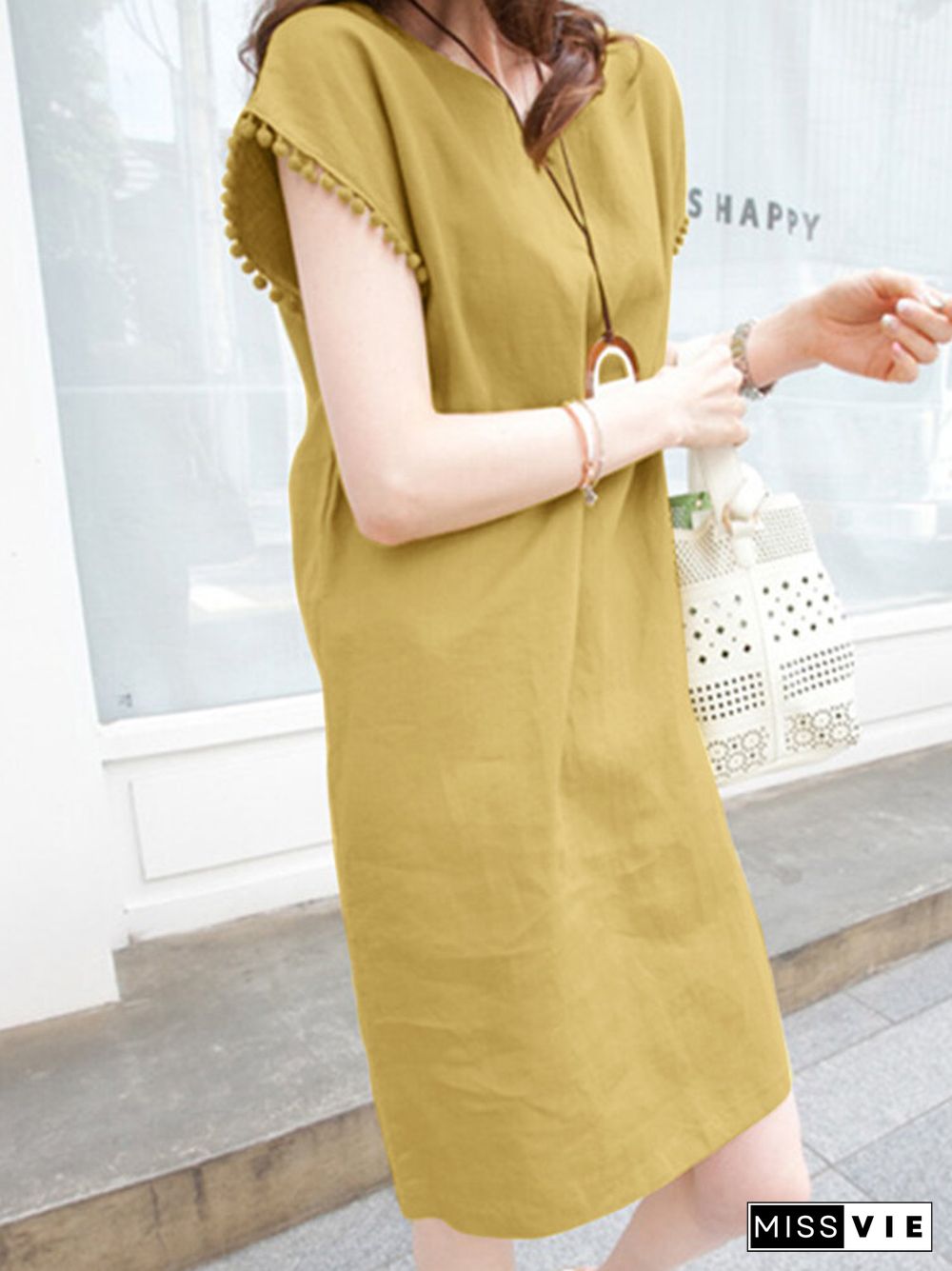 Solid Crew Neck Short Sleeve Loose Dress For Women