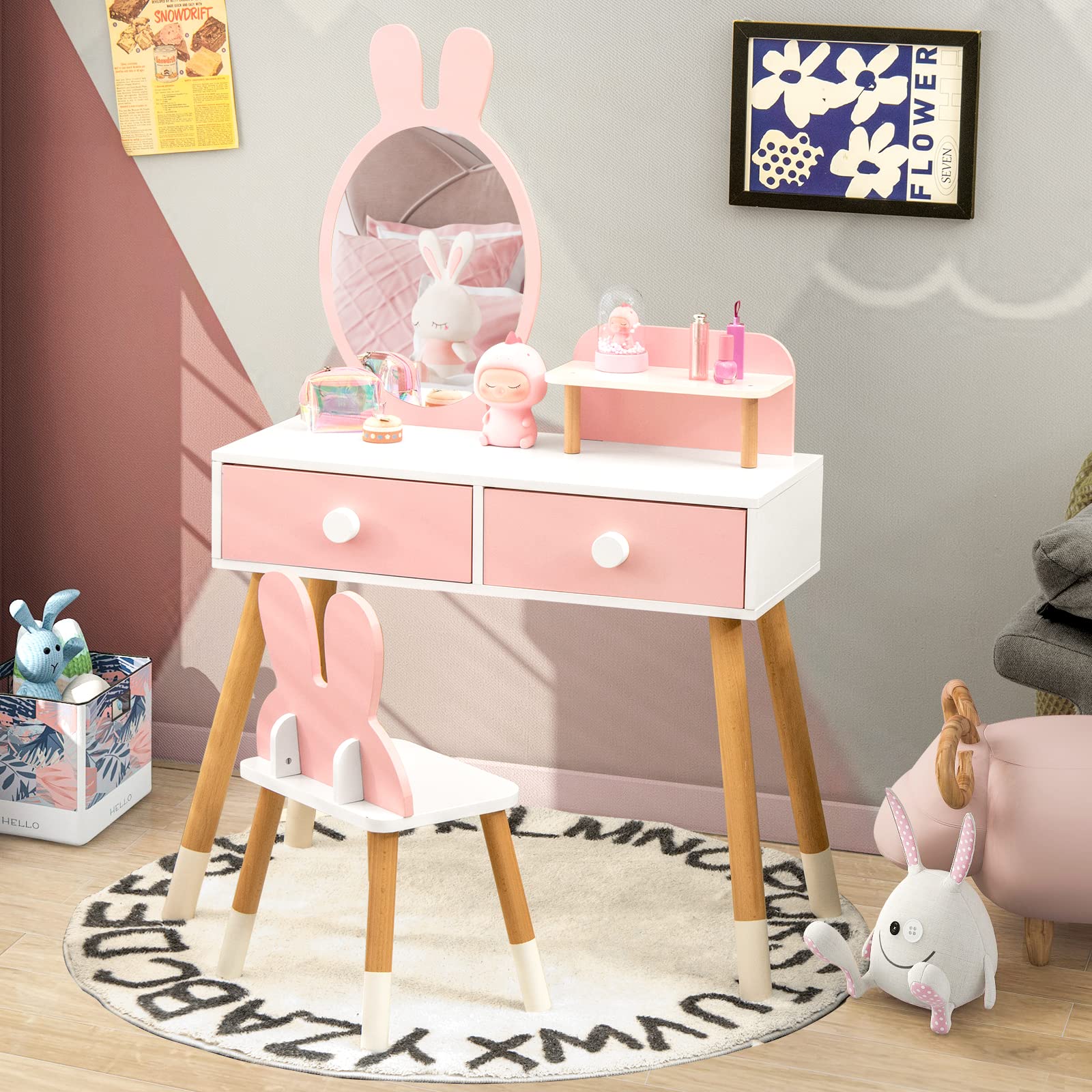 Costzon Kids Vanity Set, Girls Vanity Set with Mirror and Stool, Pretend Play Vanity Table and Chair Set for Toddlers