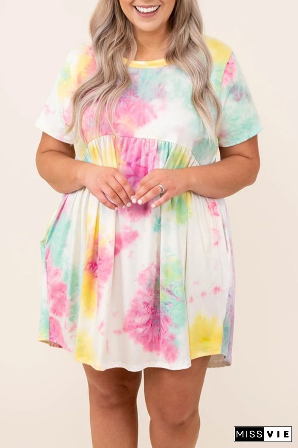 Tie Dye Crewneck Short Sleeve Casual Plus Size Dress