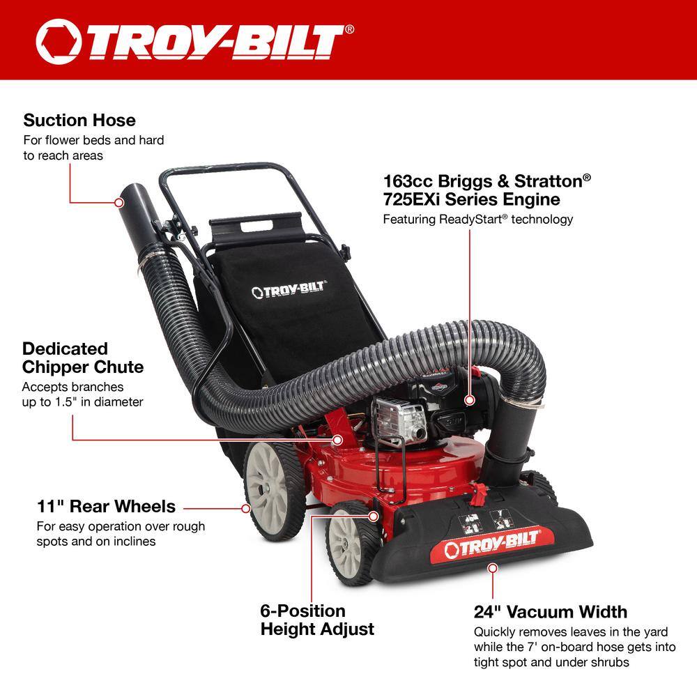 Troy-Bilt 24 in. Leaf Vacuum Head 1.5 in. Chipping Capacity Gas Powered Chipper Shredder Vacuum with High Rear Wheels CSV060B