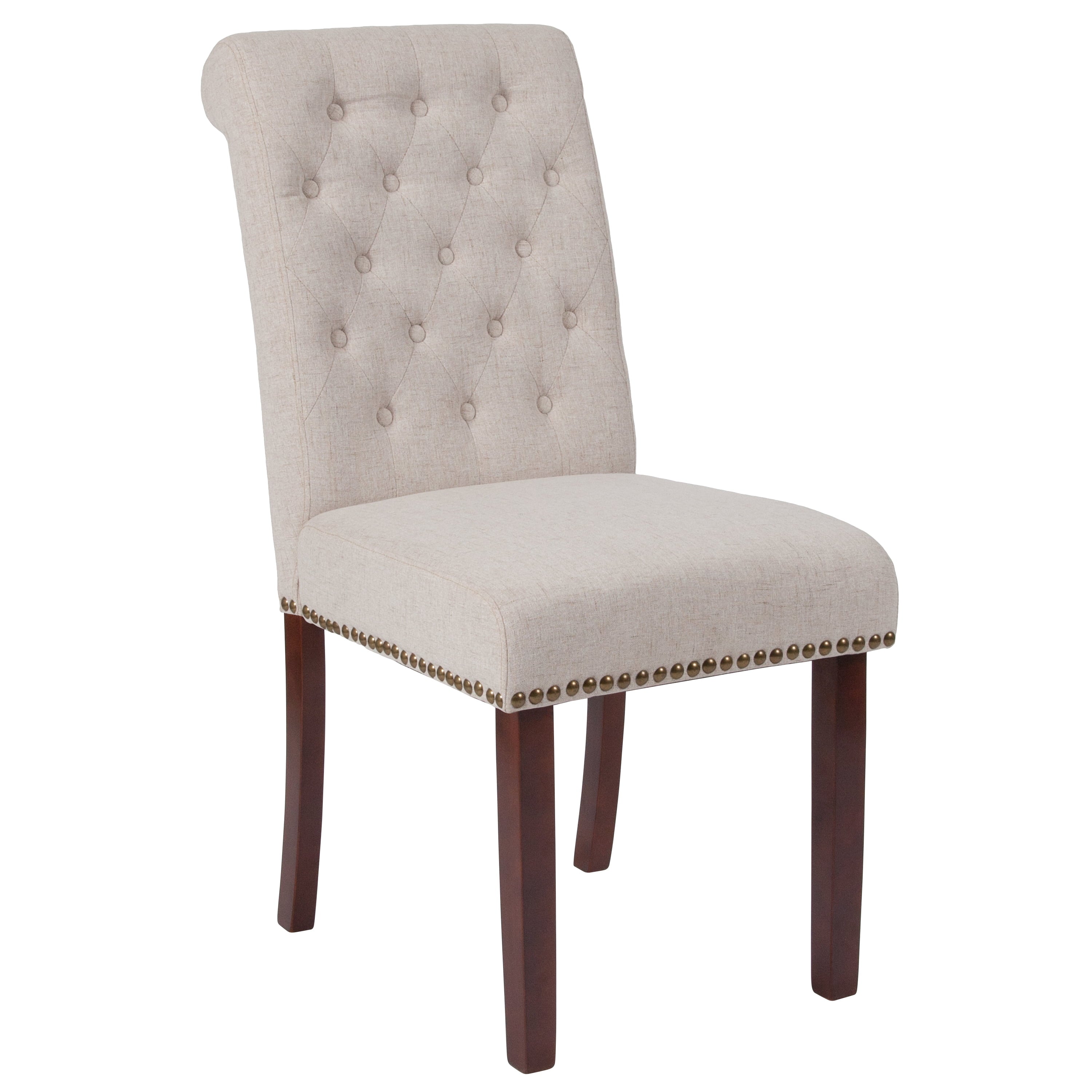 Merrick Lane Upholstered Parsons Chair with Nailhead Trim in Beige Fabric