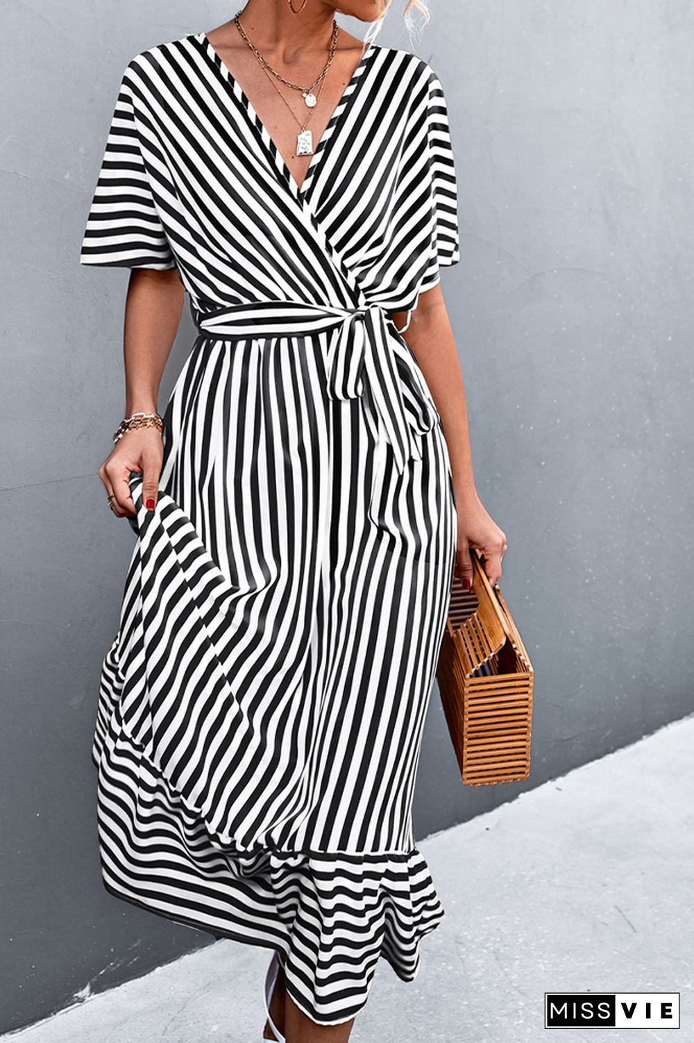 Stripe Print V-neck Short Sleeve Tie Waist Long Dress Wholesale