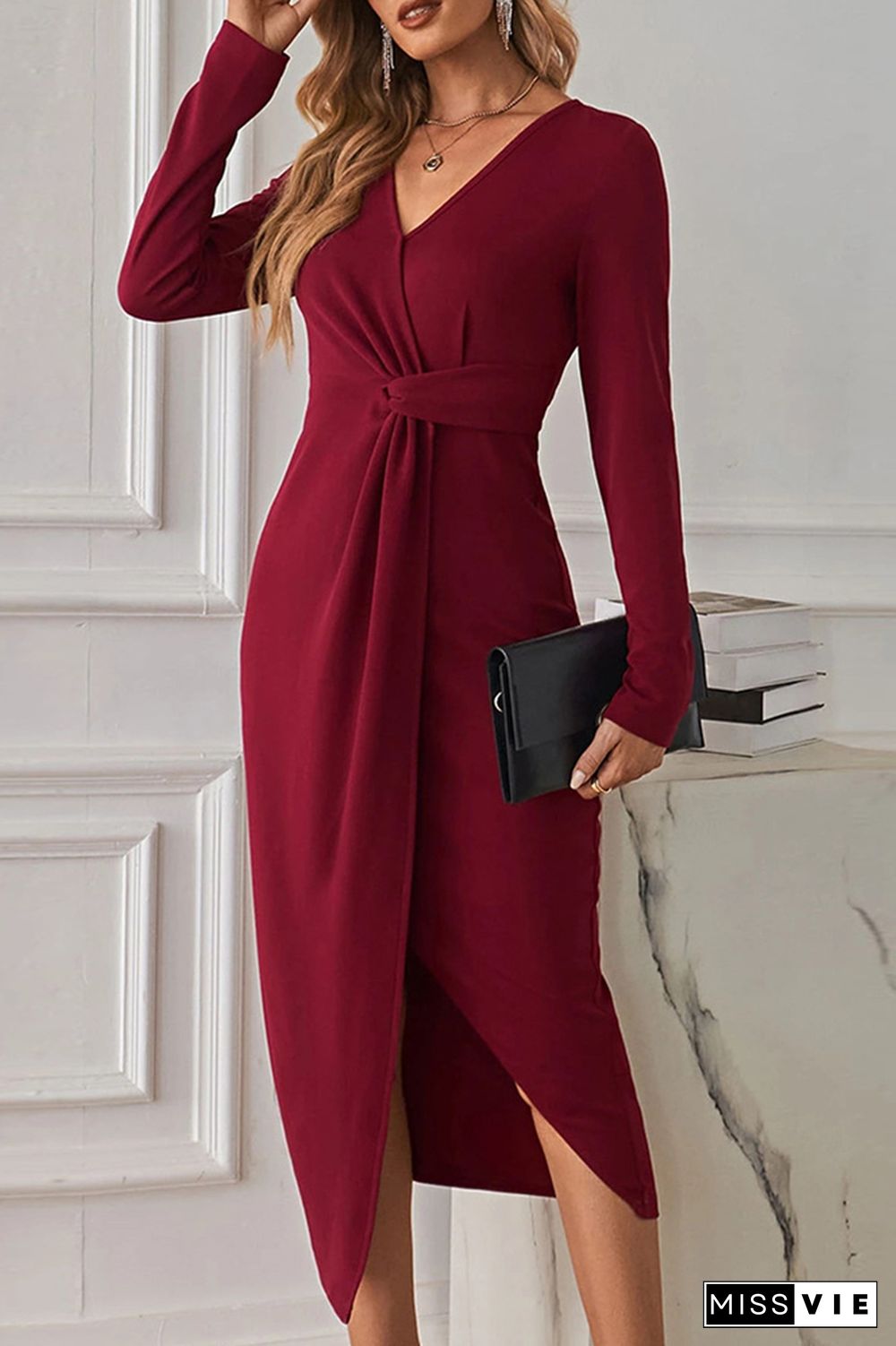 Burgundy V Neck Wrap Split Midi Dress