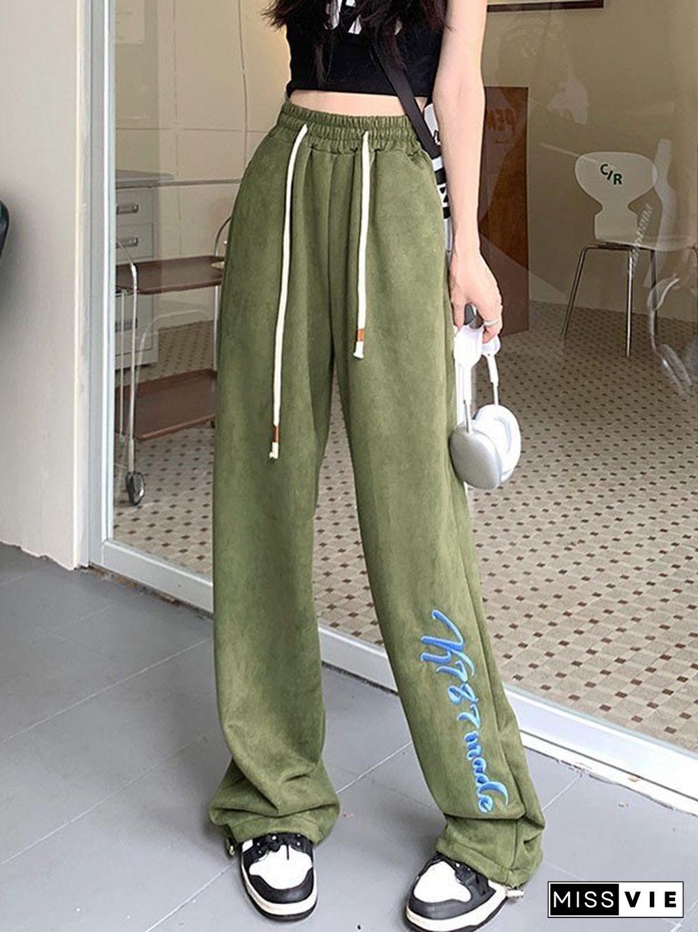 Embroidery Faux Suede Baggy Sweatpants