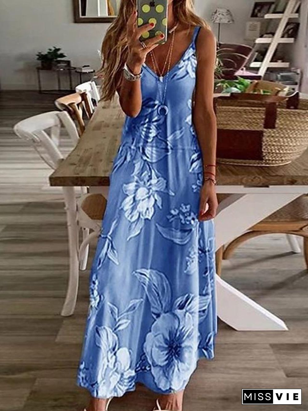 Women's Maxi long Dress - Sleeveless Floral Print Summer V Neck Hot Holiday Beach Slim  Fuchsia Sky Blue Light gray Light Green Light Blue Light Pink S M L XL XXL