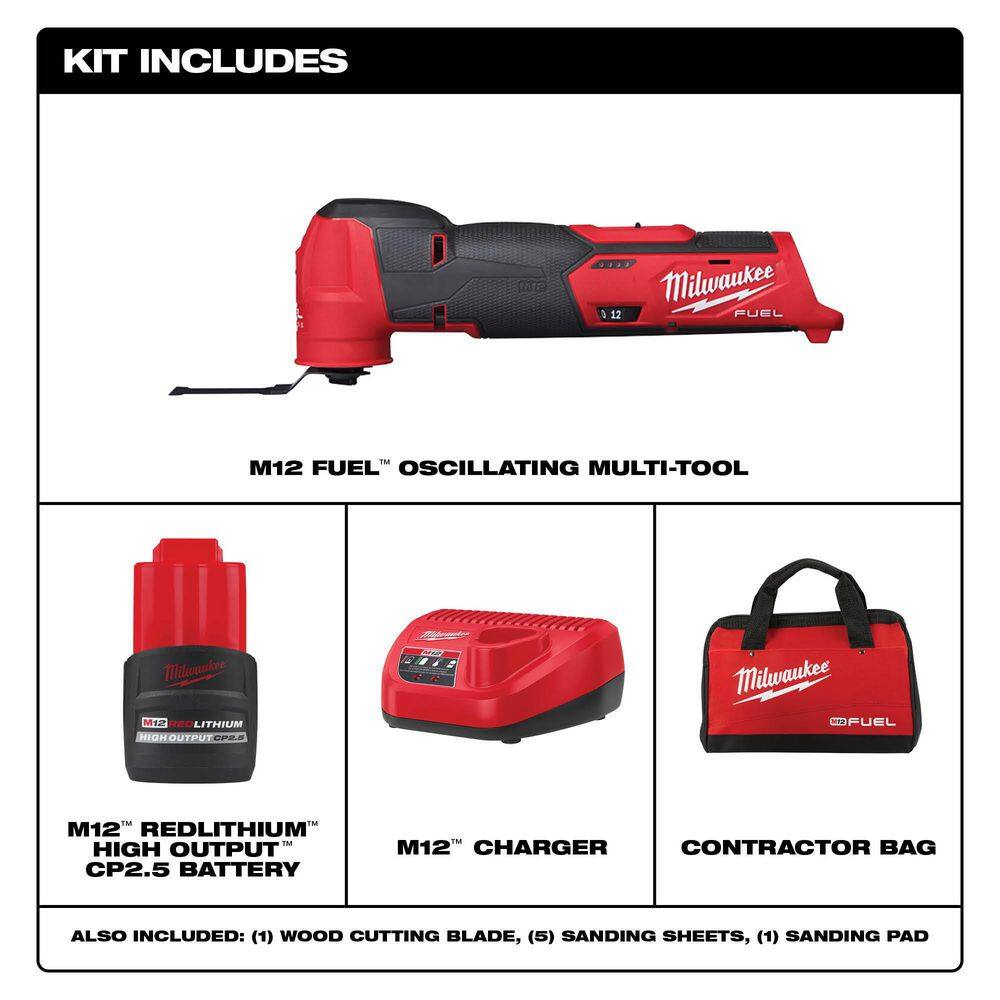 MW M12 FUEL 12V Lithium-Ion Cordless Oscillating Multi-Tool Kit wHigh Output 2.5 Ah Battery Charger Accessories  Bag 2526-21HO