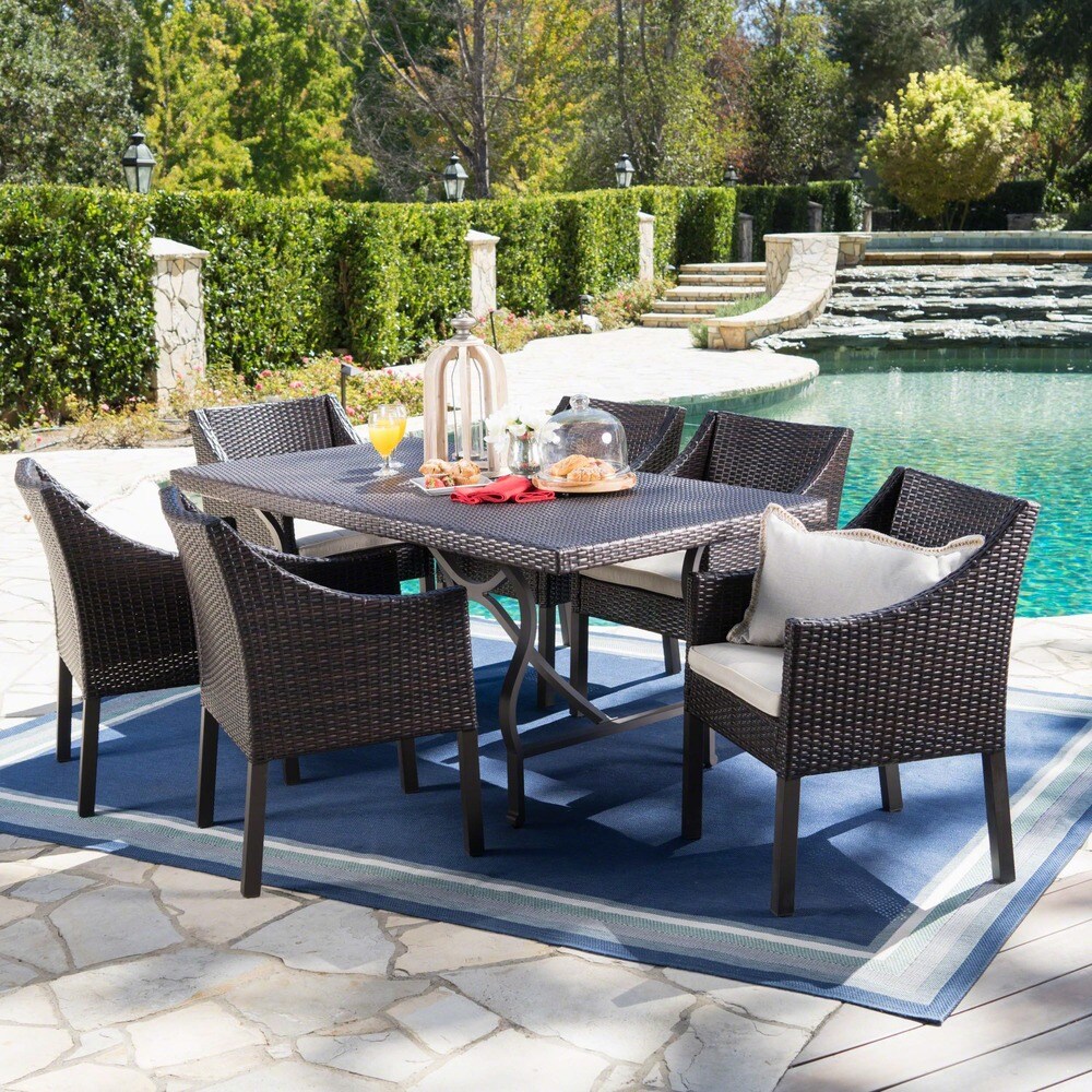 Azusa Outdoor 7 piece Rectangular Wicker Aluminum Dining Set with Cushions by Christopher Knight Home