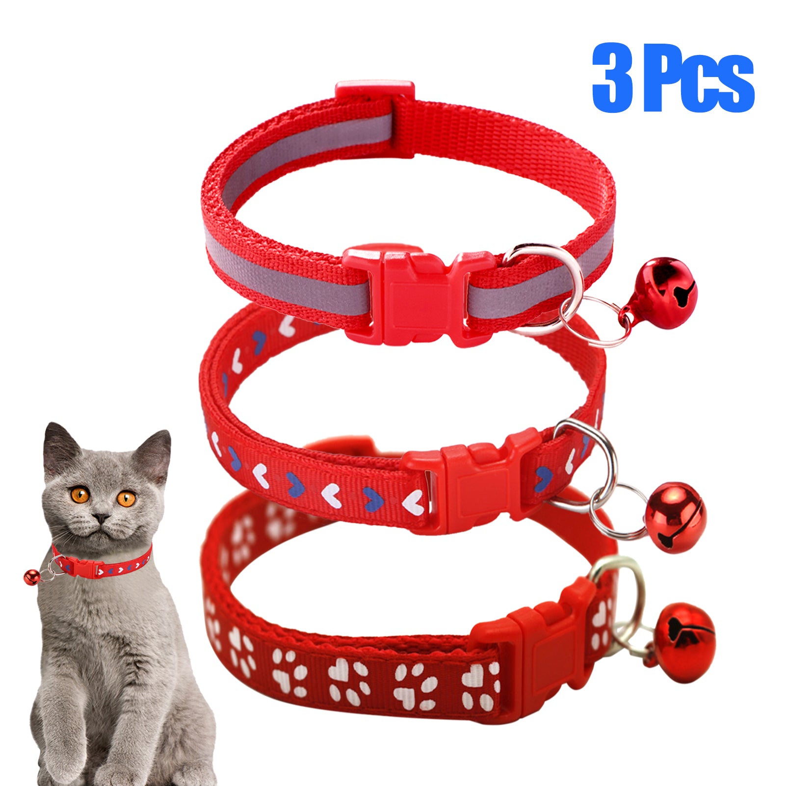 CHBORLESS 3 Pcs Nylon Cat Collar with Bell Adjustable Puppy Kitten Collar，Red