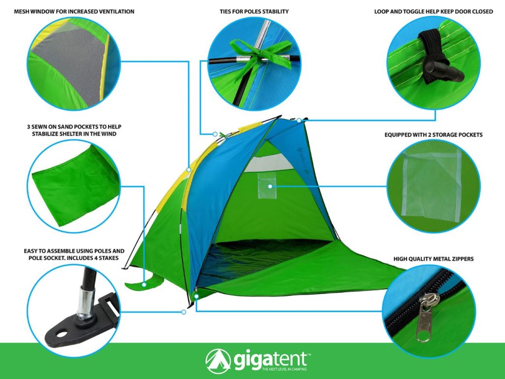 GigaTent Sand Castle Portable Beach Cabana Two Mesh Windows and Sand Pockets， Green and Blue