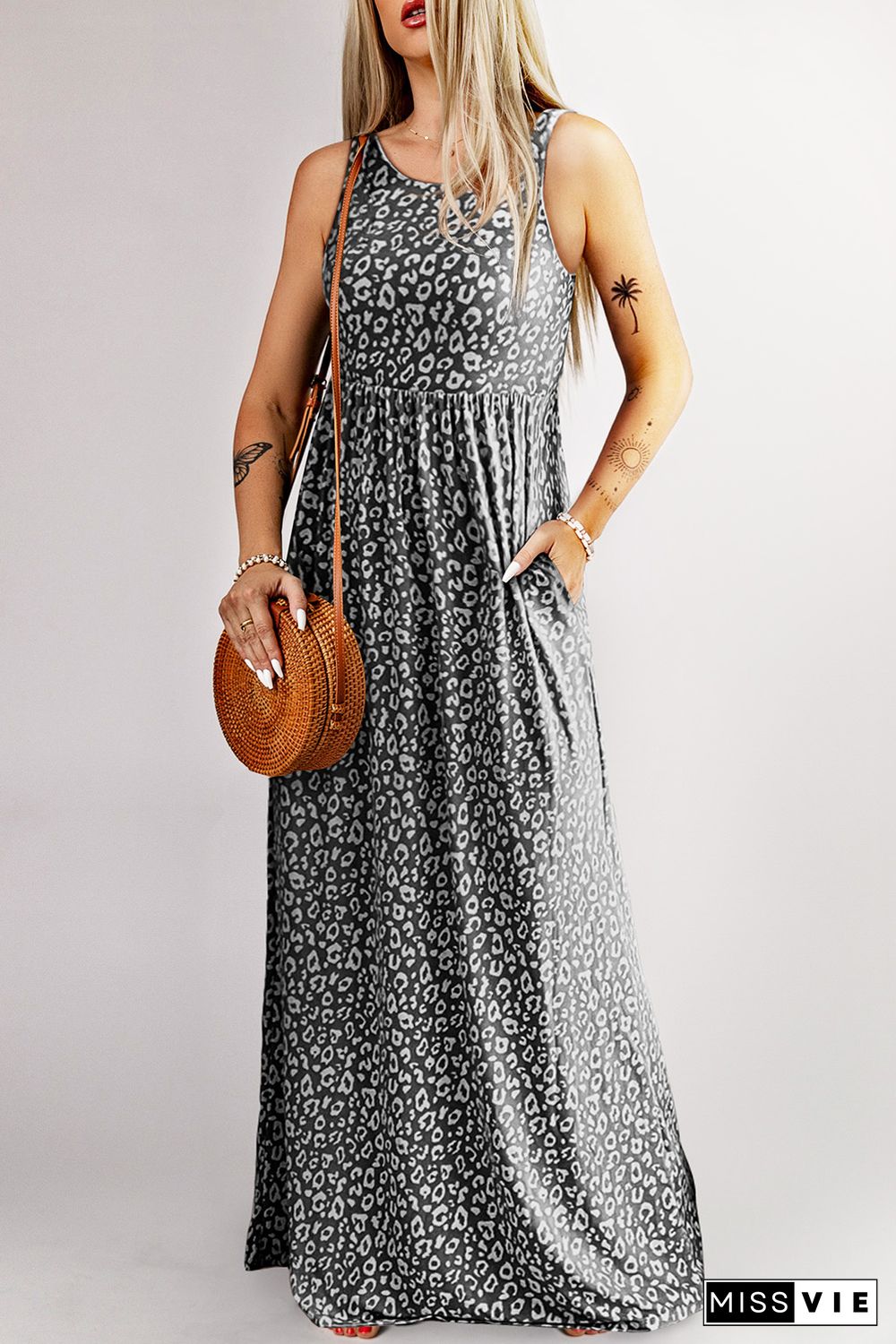 Gray Leopard Print Pocketed Sleeveless Maxi Dress