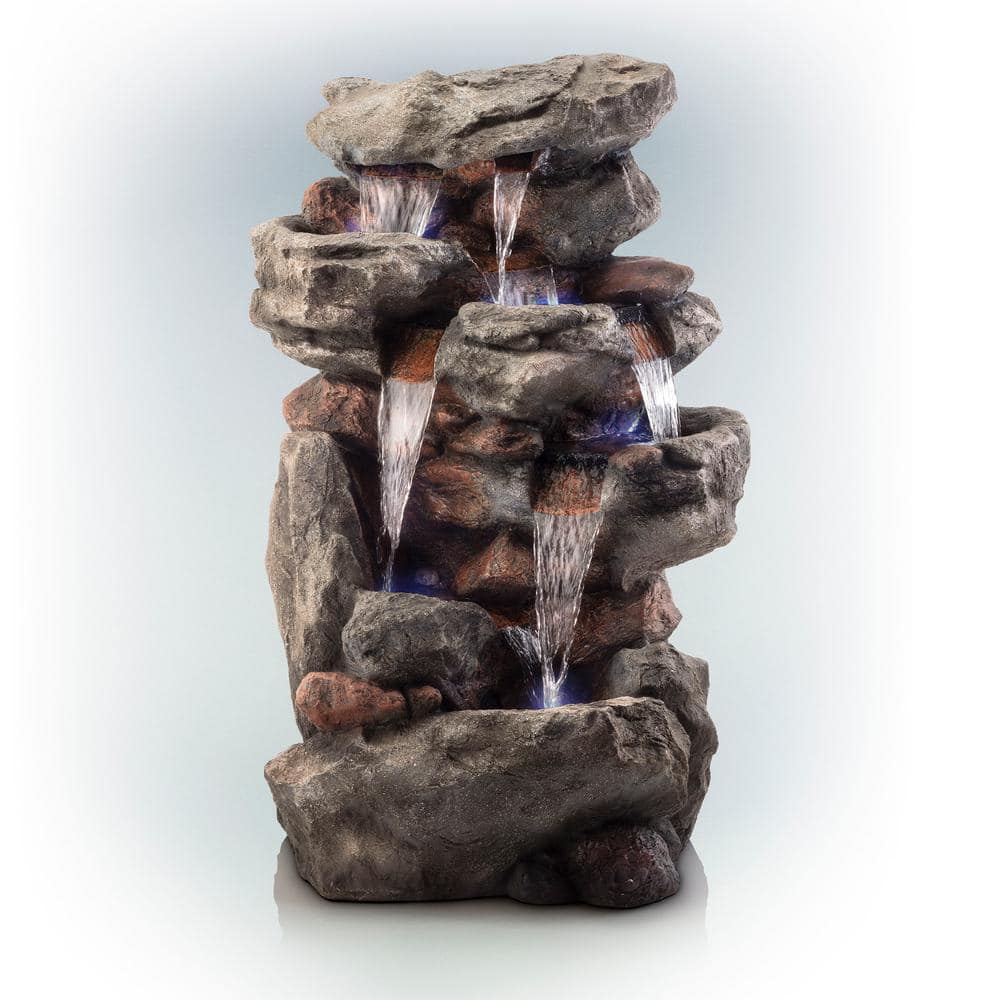 Alpine Corporation 52 in. Tall Outdoor 5-Tier Rainforest Rock Water Fountain with LED Lights WIN730