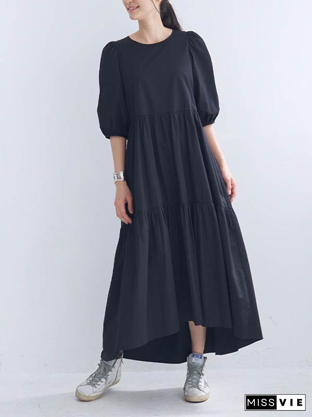 Half Sleeves Puff Sleeves Breathable See-Through Solid Color Round-Neck Midi Dresses