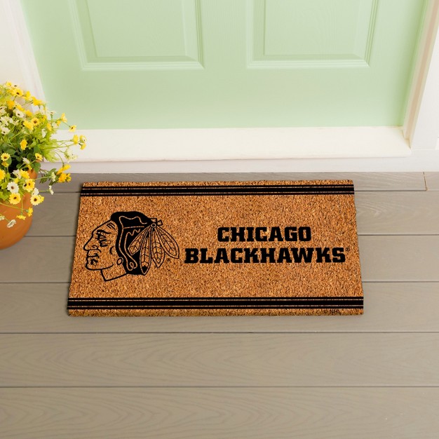 Evergreen Chicago Blackhawks Logo Turf Mat Brown 28 X 16 Inches Indoor Outdoor Doormat